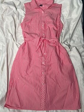 Tommy Hilfiger Pink and White Striped Sleeveless Midi Shirt Dress with Waist Tie
